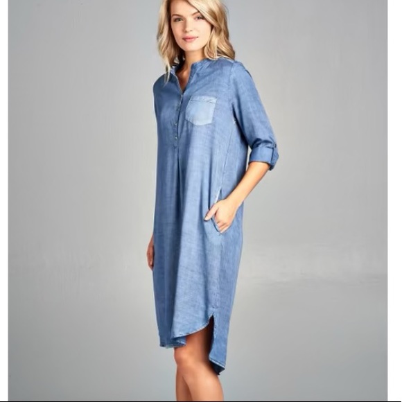 🌸 Denim Button Front Tunic Dress + Pockets - Picture 2 of 4
